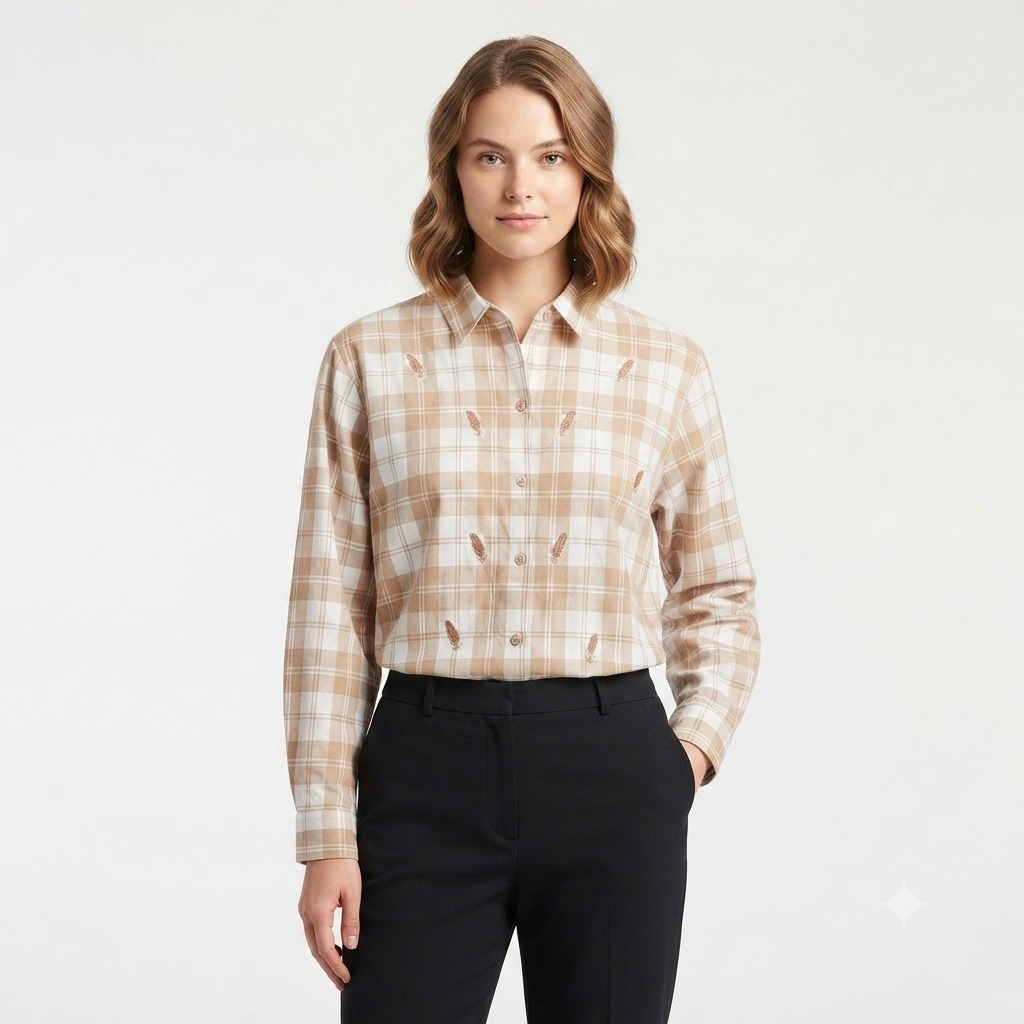 Westbound Button Down Shirt Womens Xl Tan Plaid Embroidered Cotton Long Sleeve